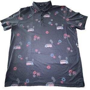 TravisMathew Polo Shirt Mens 3XL Navy Blue Fireworks Bus Print Golf Pima Cotton
